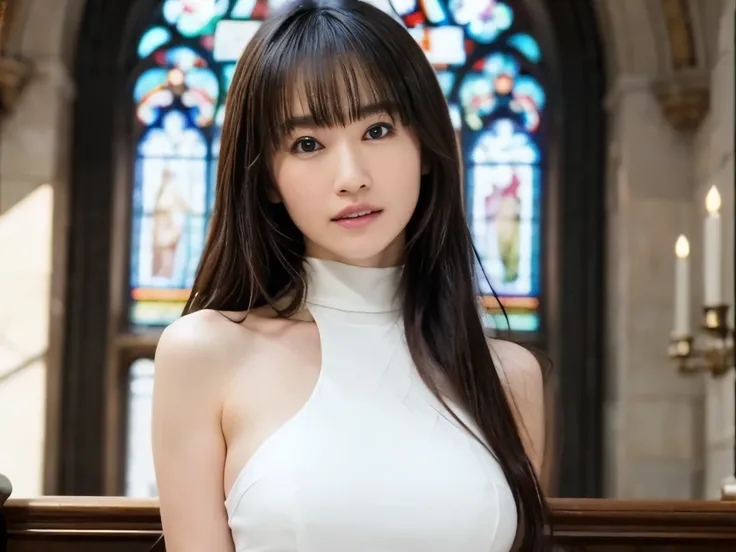 ultra HD, masterpiece, Highest quality, Just One Girl, very pretty,Nice face, Detailed eyes, Lol, Glossy Lips, Detailed eyes, Mid-chest, beautiful, sweet, sun glare, Turtle neck white  dress, Depth of written boundary, Blurred Background, with a cathedral ...