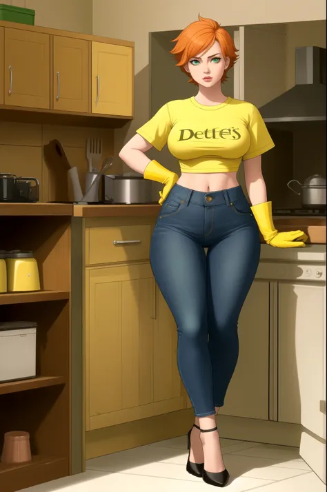 Dexters mom. short hairstyle. ginger. green eyes. small saggy breasts. huge hips. yellow gloves. shirt. jeans. heels. kitchen