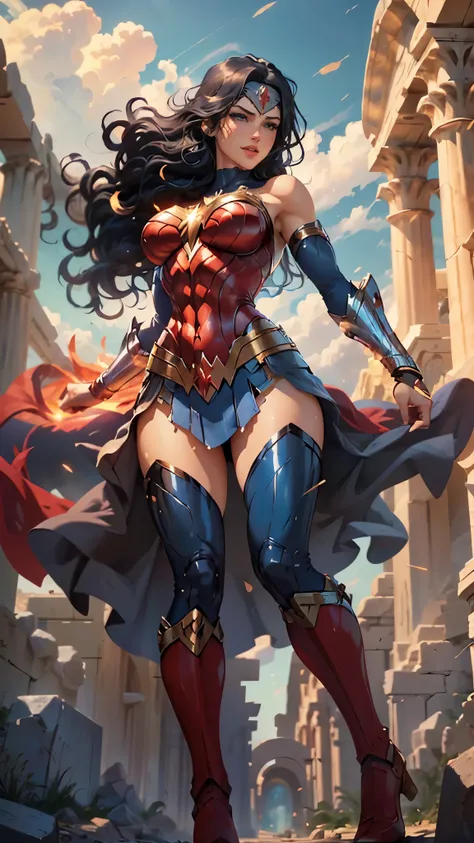 wonder woman da DC,(best qualityer,4K,8k,high resolution,work of art:1.2)(weather: cloudy), greek temple background, temple ruins, long curly hair, black hair, red top, blue micro shorts, red tall boots, diadem, spartan armor, dress trail, bracelets, long ...