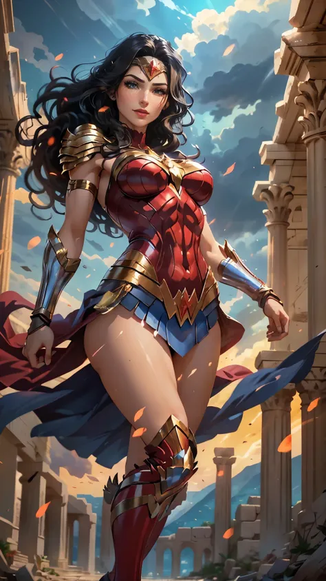 wonder woman da DC,(best qualityer,4K,8k,high resolution,work of art:1.2)(weather: cloudy), greek temple background, temple ruins, long curly hair, black hair, red top, blue micro shorts, red tall boots, diadem, spartan armor, dress trail, bracelets, long ...