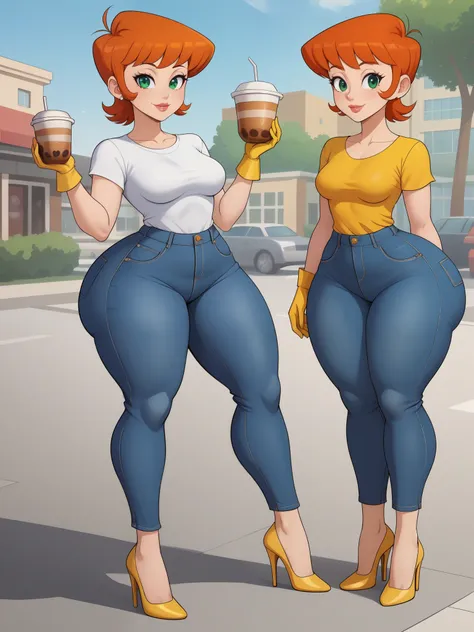 dexter's mom. short hairstyle. ginger. green eyes. small saggy breasts. huge hips. yellow gloves. shirt. jeans. heels. cafe