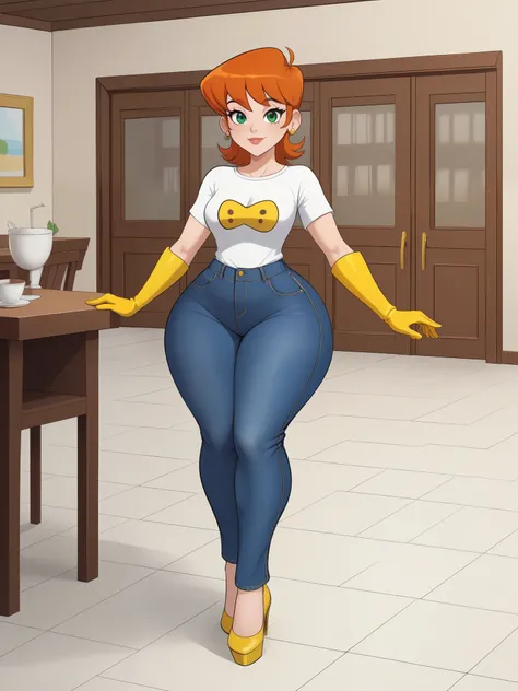 Dexters mom. short hairstyle. ginger. green eyes. small saggy breasts. huge hips. yellow gloves. shirt. jeans. heels. cafe