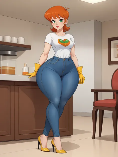 Dexters mom. short hairstyle. ginger. green eyes. small saggy breasts. huge hips. yellow gloves. shirt. jeans. heels. cafe