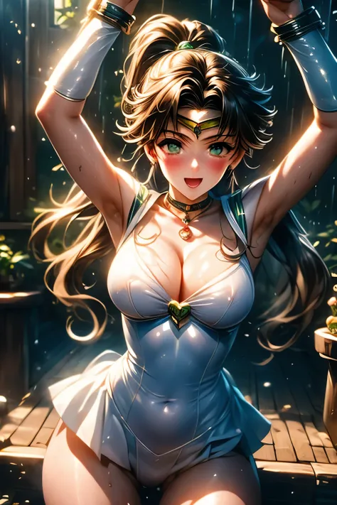 （（（Highest quality、masterpiece、Normal body、8k、Detailed face、Ultra-precision、Normal hand、Normal finger、５This finger、Highest）））、beautiful girl、Slender、Sailor Moon、Sailor Warriors、Leotard Sailor Suit、White high leg leotard、Green ultra mini skirt、Green ribbon ...