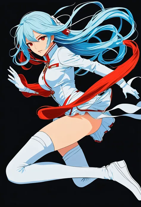 in stephen gamel style ，Ice blue background，garota honoka - dead or alive，(red color line drawing，Minimalist style，white color stroke)，Black background，Everything is illusory，（insubstancial），silhouette，Chemiluminescent girl，dynamic action，long floating hai...