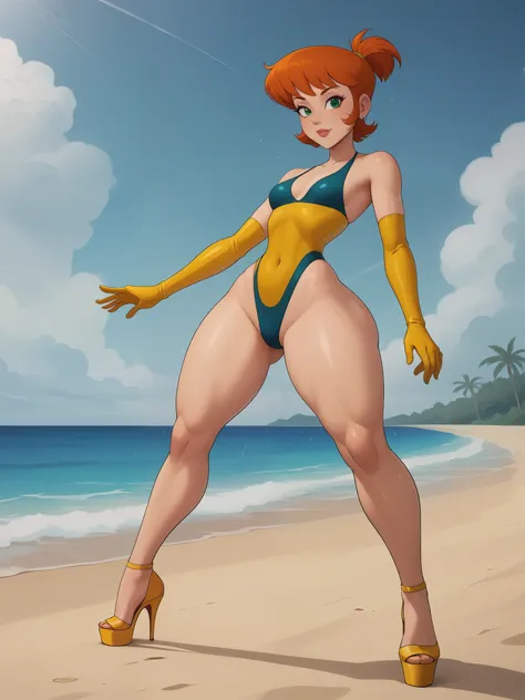 Dexters mom. short hairstyle. ginger. green eyes. small saggy breasts. huge hips. yellow gloves. swimsuit. heels. beach. rain