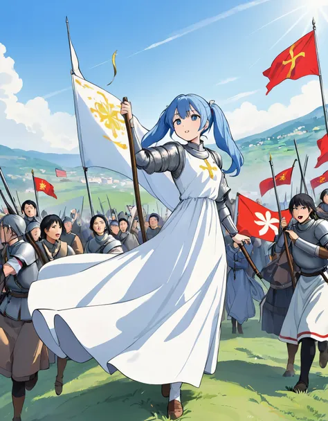 Light blue long hair、Beautiful girl with twin tails、White long dress、Joan of Arc、On a small hill、Raise the flag and lead the people forward、A lot of people are following、Moving forward