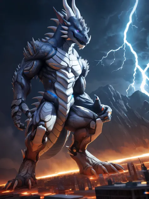 An advanced bionic mech, cybrog, anthro, dragon, male, white body, silver torse, shiny, full body, Muscle, Delicate face, Delicate eyes, (1 tail), (glowing LED:1.1), energy, digitigrade, extremely detailed CG unity 8k wallpaper, masterpiece, highest qualit...