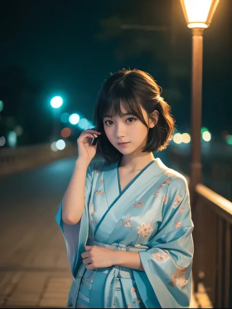 A serene scene featuring a young woman in her early twenties, standing on a bridge at dusk. Her short dark hair is gently styled, with a single white flower tucked behind her ear, adding a touch of softness to her appearance. She wears a traditional light ...