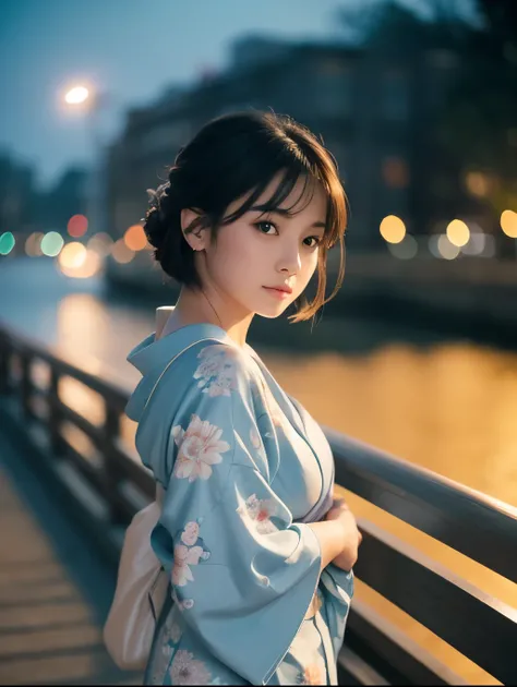 A serene scene featuring a young woman in her early twenties, standing on a bridge at dusk. Her short dark hair is gently styled, with a single white flower tucked behind her ear, adding a touch of softness to her appearance. She wears a traditional light ...