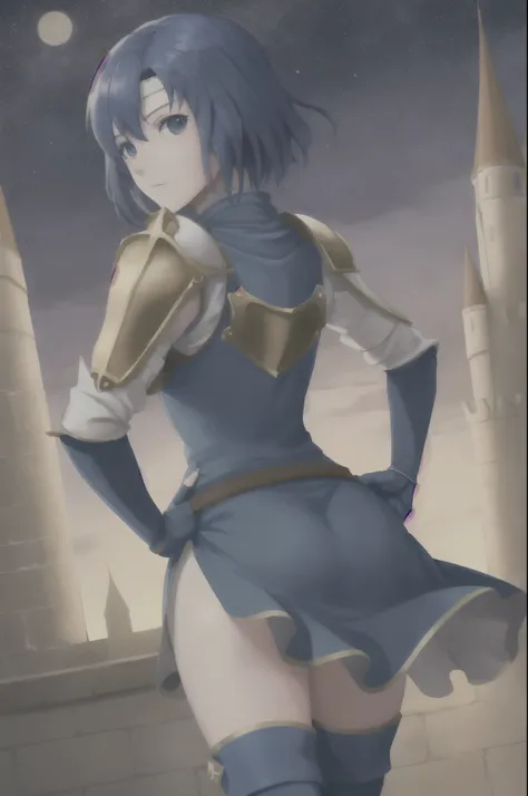 catria_og, 1girl, solo, looking at viewer, blue thighhighs, dress, blue elbow gloves, looking back,  blue fingerless gloves, from behind, armor, hand on hip, headband, short dress, shoulder armor, pegasus knight uniform (fire emblem), (night:0.1), castle