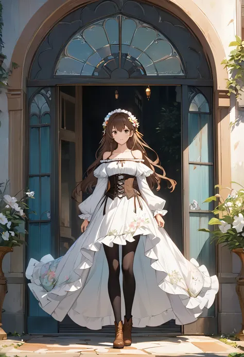 An enchanting scene of a young woman standing amidst elaborate decoration, Flower-filled courtyard. She has medium-length wavy brown hair adorned with hair accessories.。Miniskirt with ruffles, Her facial expression is natural, Calm expression. She wore a d...