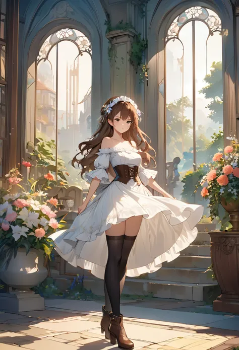 An enchanting scene of a young woman standing amidst elaborate decoration, Flower-filled courtyard. She has medium-length wavy brown hair adorned with hair accessories.。Miniskirt with ruffles, Her facial expression is natural, Calm expression. She wore a d...