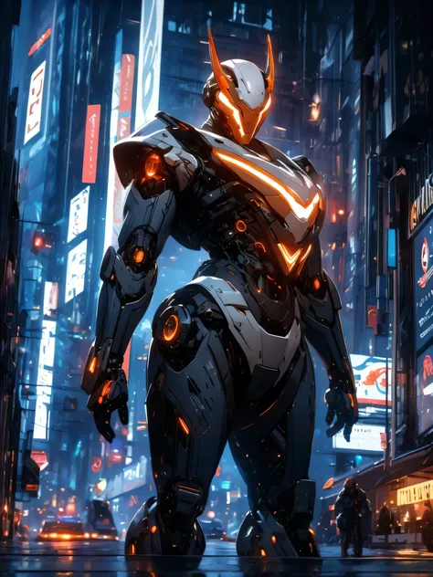 1girl, a beautiful girl cyborg cyberpunk with a cyberpunk city tall buildings, white hair, cybermask, white and orange and black machine suit color combination, the body full of machine, realistic futuristic hologram, asian skin tone, beautiful eye, beauti...