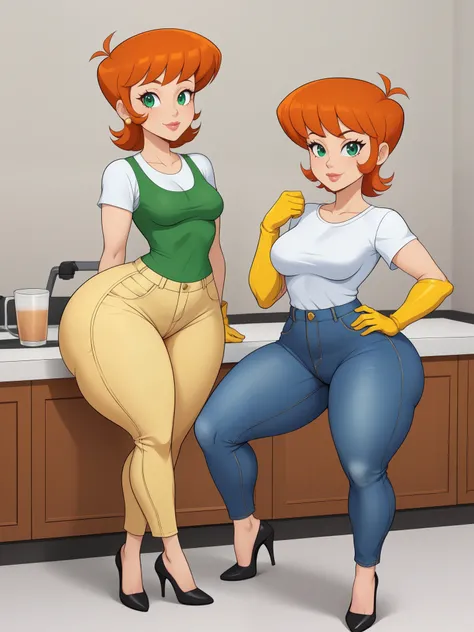 Dexters mom. short hairstyle. ginger. green eyes. small saggy breasts. huge hips. yellow gloves. shirt. jeans. heels. cafe