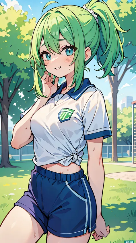 ((A Pretty girl with green hair and blue eyes Wiping off sweat with a towel)), ((wearing the sport uniform and short pants)), Baby face, ((top-quality, master piece, ultra-definition, high resolution)), anime girl, ((ultra-detailed illust:1.2)), only one p...