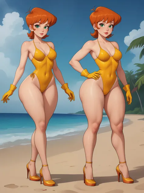 Dexters mom. short hairstyle. ginger. green eyes. small saggy breasts. huge hips. yellow gloves. swimsuit. heels. beach. rain