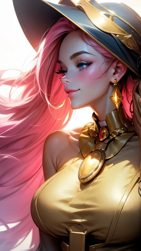 Beautiful face of the dark wizard gils. Blue eyes. brio in the eyes. Large and thick false eyelashes, pink lips. blush on the cheeks, profile pose. Looking at one end. Gold earrings. gold necklace. thin neck. Long golden hair. low-cut neckline. big breasts...