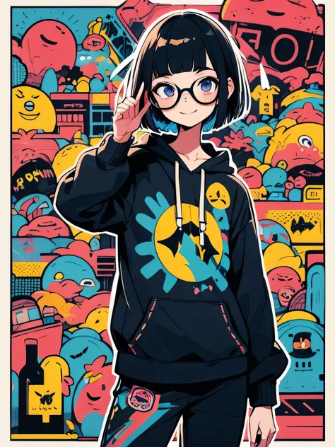 solo,uppebody,purple short hair,(short blunt bangs).shiny smile,glasses,graffity hoodie,stylish mini pants,model pose,highly detailed background,elaborately designed clothes,ink,(minimalism),(pop art),