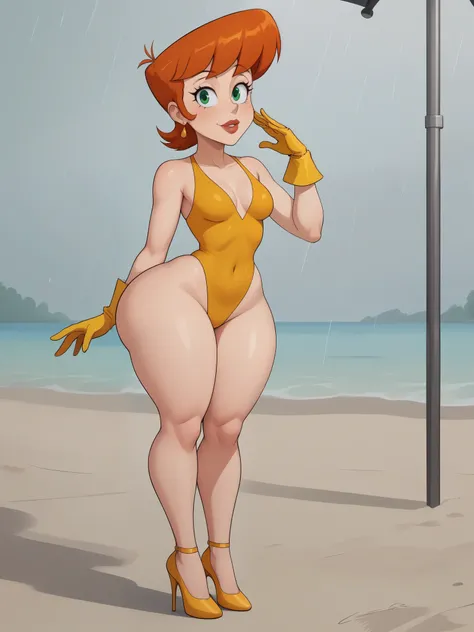 Dexters mom. short hairstyle. ginger. green eyes. small saggy breasts. huge hips. yellow gloves. swimsuit. heels. beach. rain