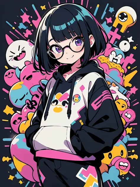 solo,uppebody,purple short hair,(short blunt bangs).shiny smile,glasses,graffity hoodie,stylish mini pants,model pose,highly detailed background,elaborately designed clothes,ink,(minimalism),(pop art),(retro color),one color simple background,