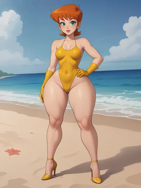 Dexters mom. short hairstyle. ginger. green eyes. small saggy breasts. huge hips. yellow gloves. swimsuit. heels. beach. rain