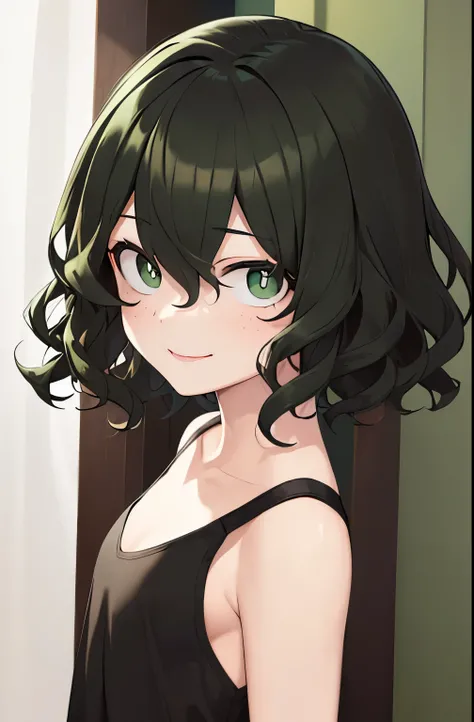 (masterpiece), best quality, expressive eyes, perfect face, solo, 
short hair, wavy hair, hair over one eye,  hair, green eyes, flat chest, black t-shirt, seductive smile, short sleeves, portrait,Hair color is lime green, Wavy Hair, medium breasts, 


