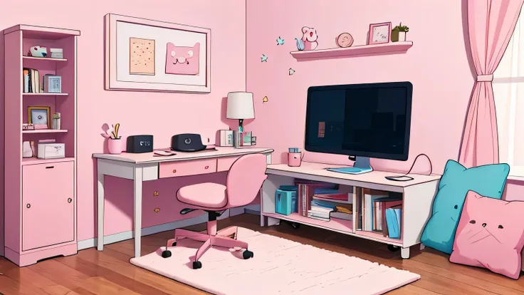 no character; 1 table centered on the image with mouse, keyboard, monitor and cabinet; No chair; light pink wall; window with curtain between open showing the night and stars; rabbit slipper on the floor, computer wires under the table; led light string on...