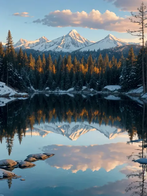 A calm, pristine lake perfectly mirrors the surrounding snow-capped mountains and evergreen forests. The reflection creates a symmetrical effect, blurring the line between reality and illusion. The scene is peaceful, with the sky painted in soft, pastel co...