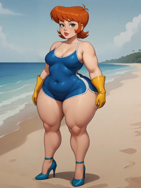 Dexters mom. short hairstyle. ginger. green eyes. small saggy breasts. huge hips. bbw. big ass. yellow gloves. swimsuit. shorts. heels. beach. rain