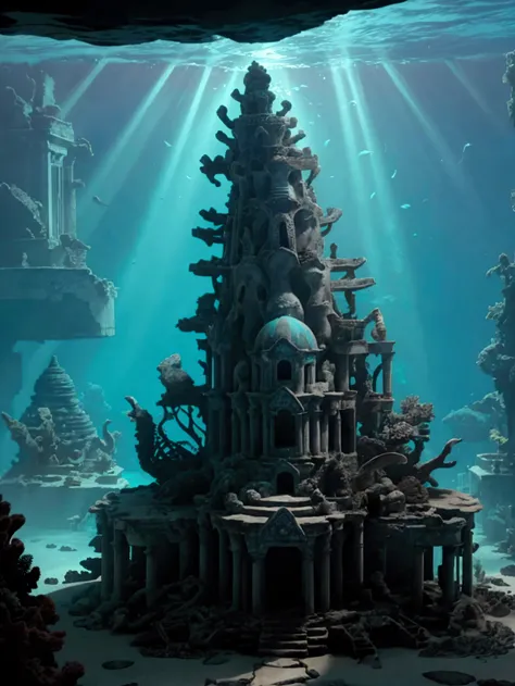 An ancient, forgotten city now lying at the bottom of the ocean, with grand stone structures and statues covered in coral and seaweed. Schools of fish swim through the ruins, and shafts of sunlight pierce through the water, illuminating parts of the city. ...