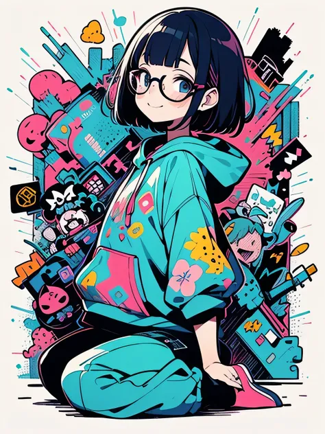 sideview,solo,(wariza:1.3),(looking at viewer:1.3),purple short hair,(short blunt bangs).shiny smile,glasses,graffity hoodie,stylish mini pants,model pose,highly detailed background,elaborately designed clothes,ink,(minimalism),(pop art),(retro color),(whi...