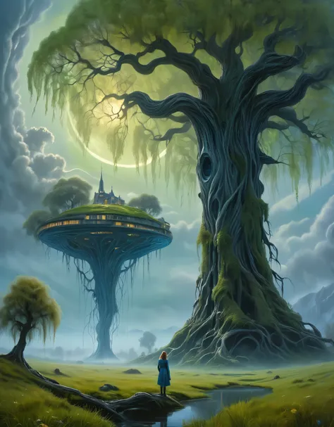 A masterpiece of ultra realistic oil on canvas painting in Don Lawrence style of beautiful quntum space scientist [Amy Adams:Maude Adams:0.6] on an enigmatic misty  meadows with gnarly willow tree and gigantic vertical levitatinh alien structure in backgro...