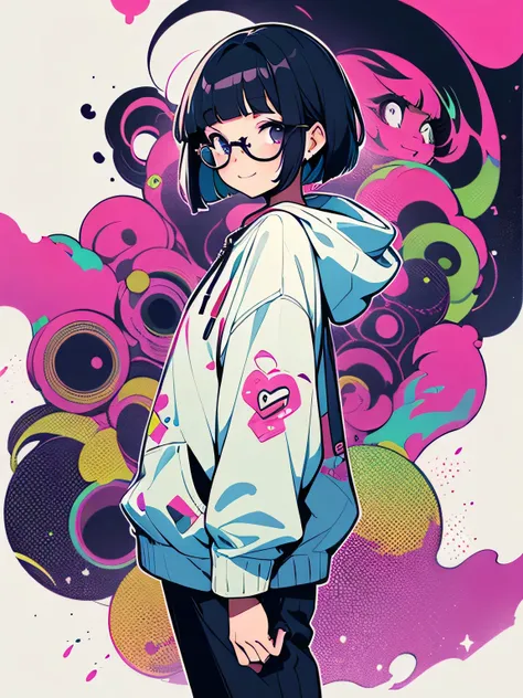 sideview,solo,(wariza:1.3),(looking at viewer:1.3),purple short hair,(short blunt bangs).shiny smile,glasses,graffity hoodie,stylish mini pants,model pose,highly detailed background,elaborately designed clothes,ink,(minimalism),(pop art),(retro color),(whi...