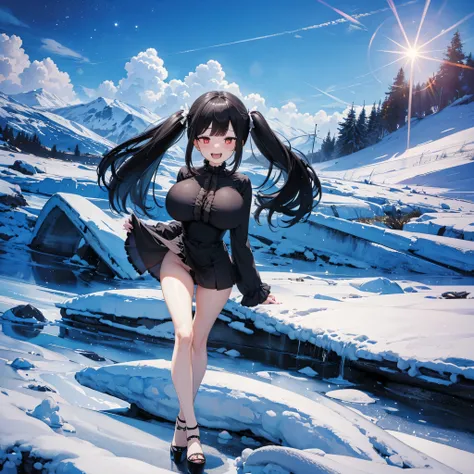 ice field, diamond dust, (solo), (1 skinny girl standing alone), swaying back, BREAK, black hair, (long two side up), red eyes, (bursting large breasts), bouncing large breasts, very short torso, skinny narrow waist, skinny legs, BREAK, (frilled very short...