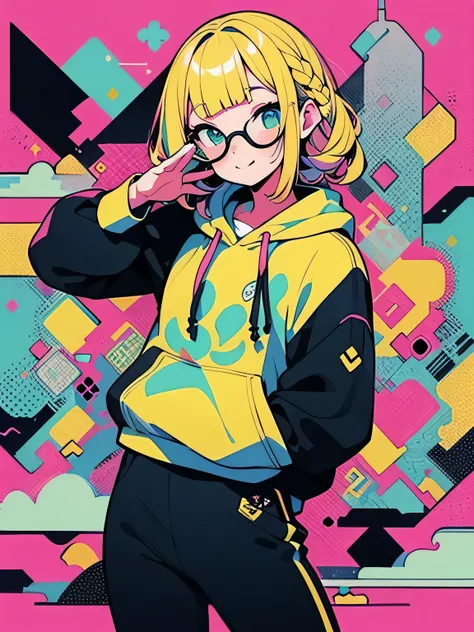 solo,((blowing kiss)),(looking at viewer:1.3),blonde uptwist hair,(short blunt bangs).shiny smile,glasses,graffity hoodie,stylish mini pants,model pose,highly detailed background,elaborately designed clothes,ink,(minimalism),(pop art),(retro color),(pastel...