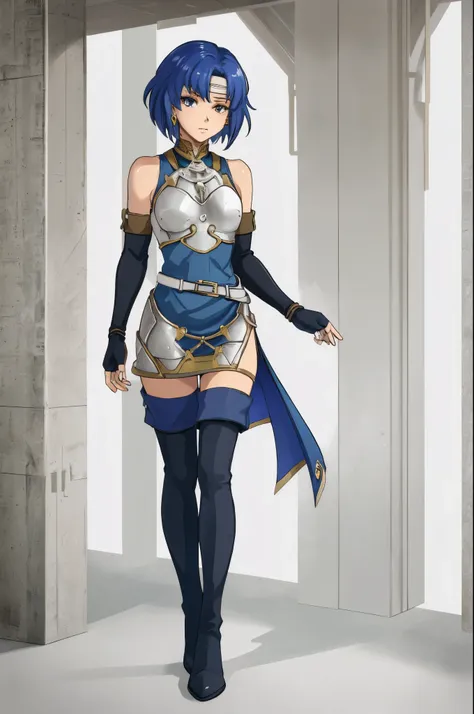 catria_echoes, 1girl, solo, thighhighs, gloves, dress, bare shoulders, jewelry, full body, earrings, boots, elbow gloves, belt, ...