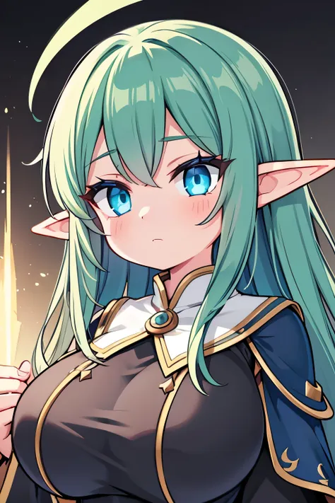 (elf girl), (solo), (fantasy), (huge tits), (long hair), (black oufit wizard mage magic), (no background), (close-up), (inquisitive face)