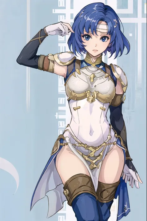 catria_valentian, 1girl, solo, arm guards, armor, boots, breastplate, cowboy shot, dress, elbow gloves, headband, pelvic curtain...