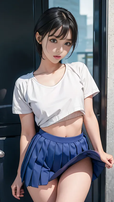 1 girl、A girl wearing a skirt rolled up，Showing off her sweatpants、Black short hair、As cute as an idol、Embarrassed look、Thin、small, Full breasts、Healthy thighs、summer 、Pick up the blue pleated skirt，Lift it up.、Red Sweatpants、Cowboy shooting、Anatomically c...