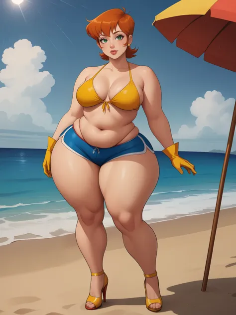 Dexters mom. short hairstyle. ginger. green eyes. small saggy breasts. huge hips. bbw. big ass. yellow gloves. swimsuit. shorts. heels. beach. rain