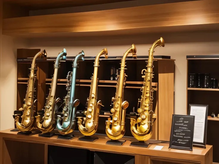 There are three saxophones in the shop.