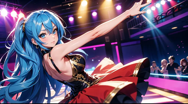 2d anime style, beautiful woman with long blue hair and reddish brown eyes, she is having fun, 80s party dress, is dancing at a party in a disco, artificial lighting, close shot, high definition, high resolution, intricate details, vivid colors