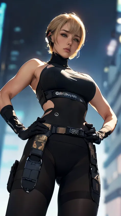 (A woman),(((Future female police officer standing))),((Black Tactical Tights:1.5)),((Camel toe:1.5)),((earphone:1.5)),((Tactical Holster:1.5)),(Gloves:1.5),(((Hands on hips:1.5))),(front:1.5),(From below:1.2),(Super short hair:1.5),(Blonde:1.5),(Beautiful...