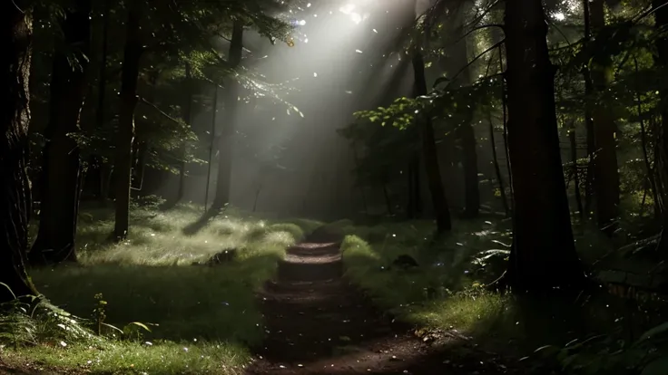 (Better image quality) a beautiful bright light in a dark forest, very realistic image. 