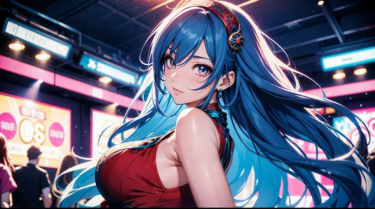 2d anime style, beautiful woman with long blue hair and reddish brown eyes, she is having fun, 80s party dress, is dancing at a party in a disco, artificial lighting, close shot, high definition, high resolution, intricate details, vivid colors