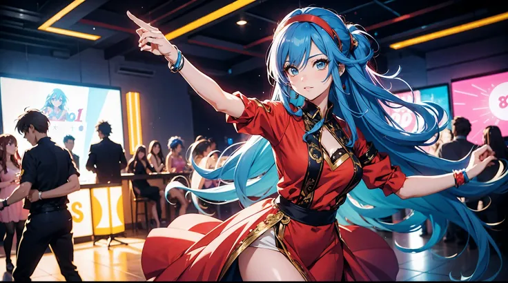 2d anime style, beautiful woman with long blue hair and reddish brown eyes, she is having fun, 80s party dress, is dancing at a party in a disco, artificial lighting, high definition, high resolution, intricate details, vivid colors