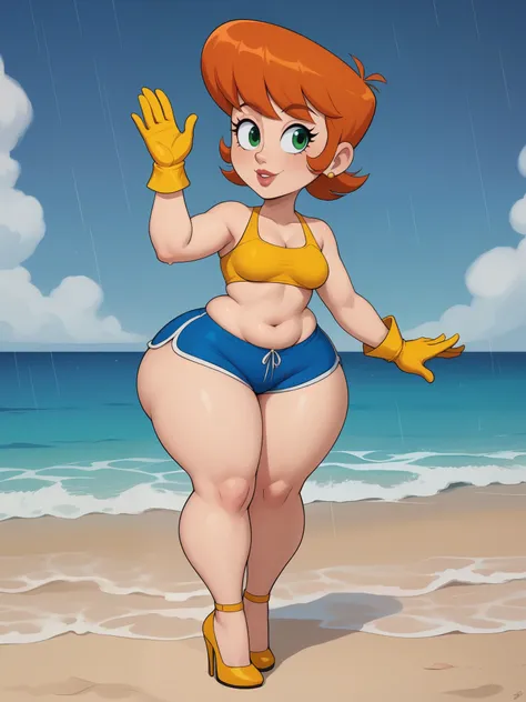 Dexters mom. short hairstyle. ginger. green eyes. small saggy breasts. huge hips. bbw. big ass. yellow gloves. swimsuit. shorts. heels. beach. rain