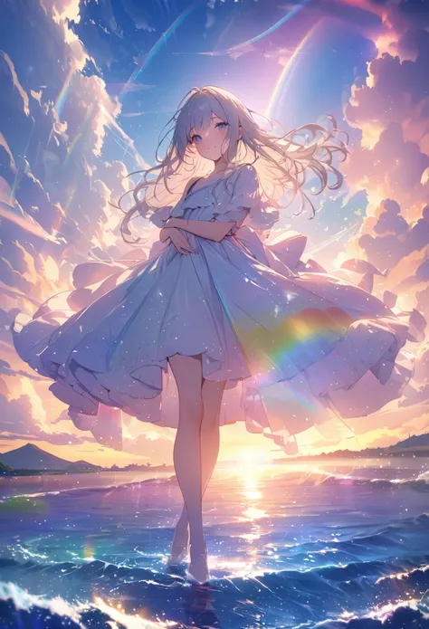 Angelic, Detailed landscape, sunrise, rainbow, After the Rain, horizon, In the sky, Ocean , Lens flare, colorful, An atmosphere full of dreams and hope，masterpiece．16K, Ultra-high resolution, to be born,wonderful ,future、rainbow色の、The world 30 years from n...