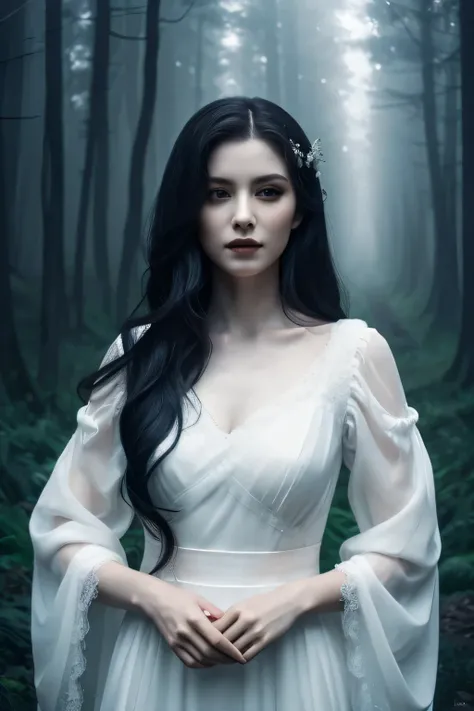 a vampire woman in a long white dress with loose sleeves, long black hair, a ribbon on her chest, misty forest background, mystical feeling, pale white skin, white flowers, detailed portrait, highly detailed, photorealistic, cinematic lighting, dramatic sh...